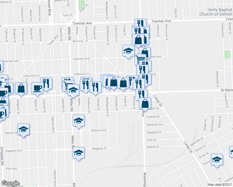 map of restaurants, bars, coffee shops, grocery stores, and more near W Warren Ave & Kingsley St in Dearborn