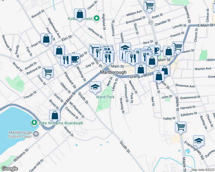 map of restaurants, bars, coffee shops, grocery stores, and more near 21 New Street in Marlborough