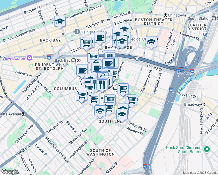 map of restaurants, bars, coffee shops, grocery stores, and more near 543 Tremont Street in Boston