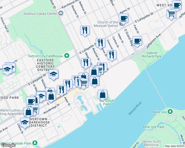 map of restaurants, bars, coffee shops, grocery stores, and more near 6331 East Jefferson in Detroit