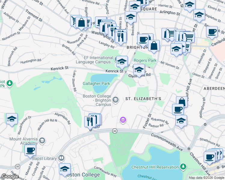 map of restaurants, bars, coffee shops, grocery stores, and more near 36 Lake Shore Road in Boston