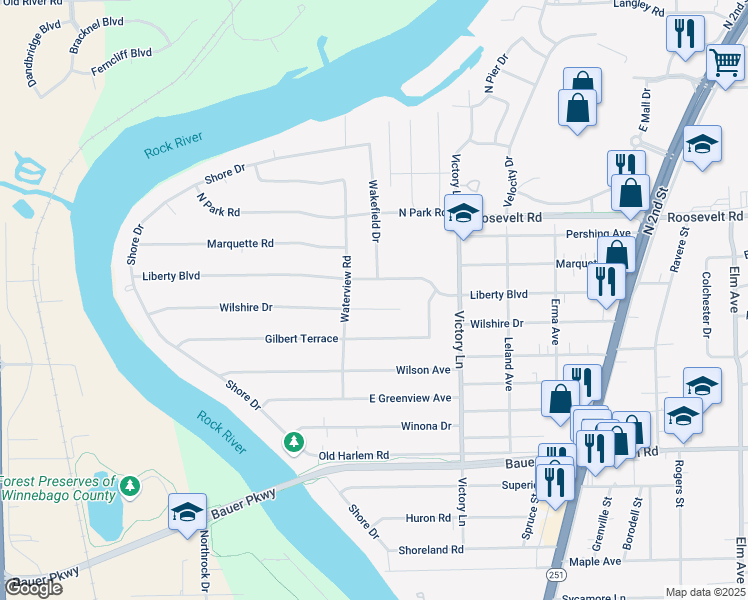 map of restaurants, bars, coffee shops, grocery stores, and more near 201 Liberty Boulevard in Machesney Park