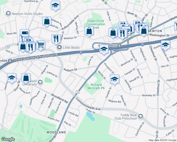 map of restaurants, bars, coffee shops, grocery stores, and more near 12 Gilbert Street in Newton