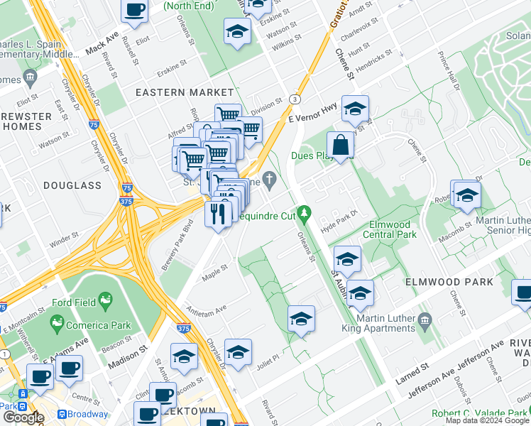 map of restaurants, bars, coffee shops, grocery stores, and more near 2102 Orleans Street in Detroit
