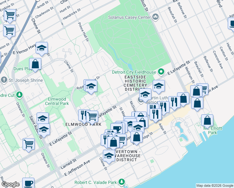 map of restaurants, bars, coffee shops, grocery stores, and more near 3136 Woods Circle Drive in Detroit