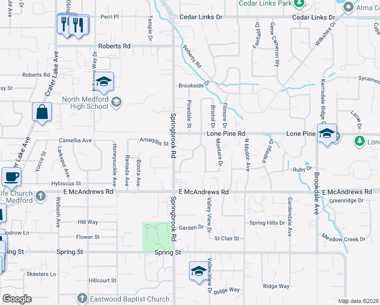 map of restaurants, bars, coffee shops, grocery stores, and more near 2551 Bethany Court in Medford