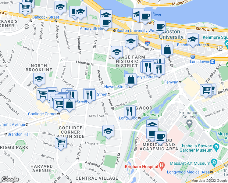 map of restaurants, bars, coffee shops, grocery stores, and more near Beacon Street & Amory Street in Brookline