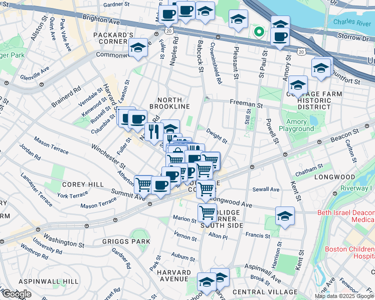 map of restaurants, bars, coffee shops, grocery stores, and more near 51 John Street in Brookline