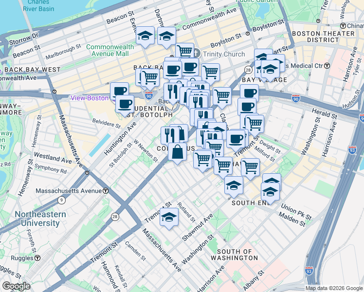 map of restaurants, bars, coffee shops, grocery stores, and more near 408 Columbus Avenue in Boston