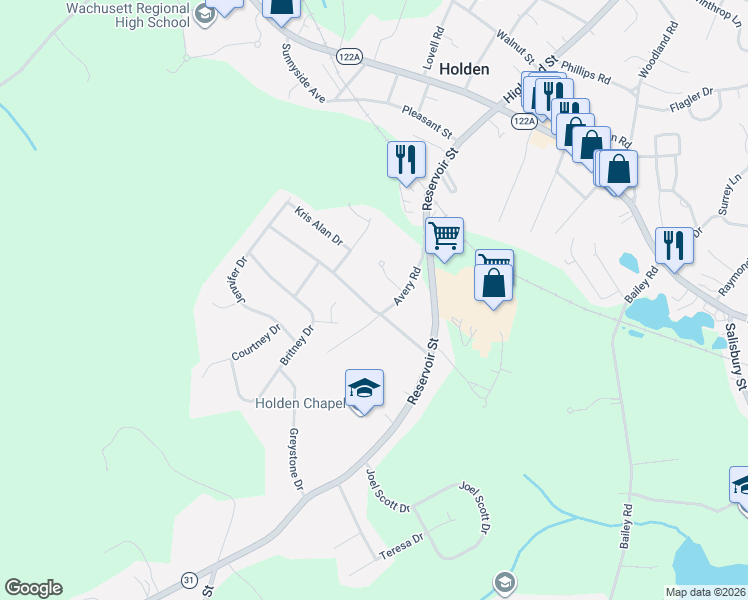 map of restaurants, bars, coffee shops, grocery stores, and more near 25 Avery Heights Drive in Holden