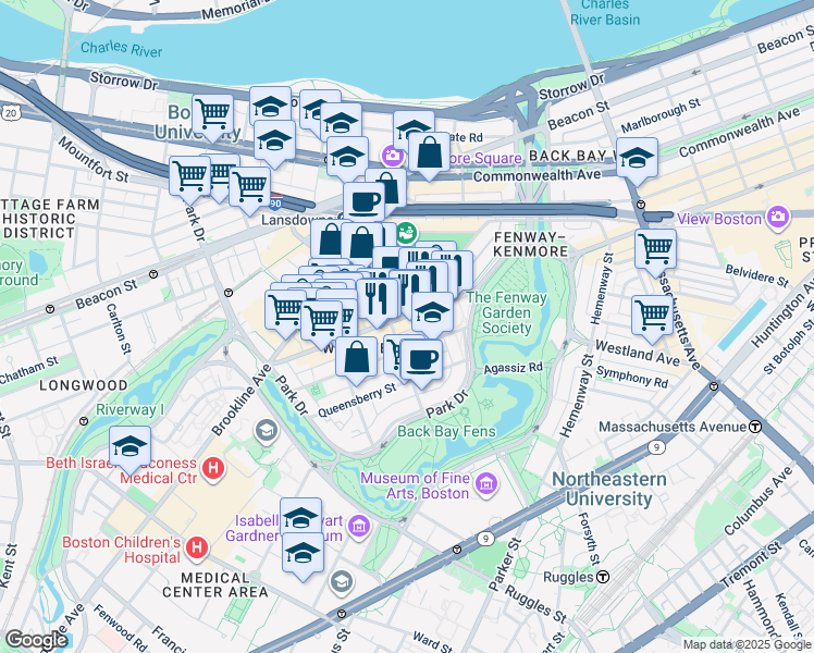 map of restaurants, bars, coffee shops, grocery stores, and more near 1282 Boylston Street in Boston