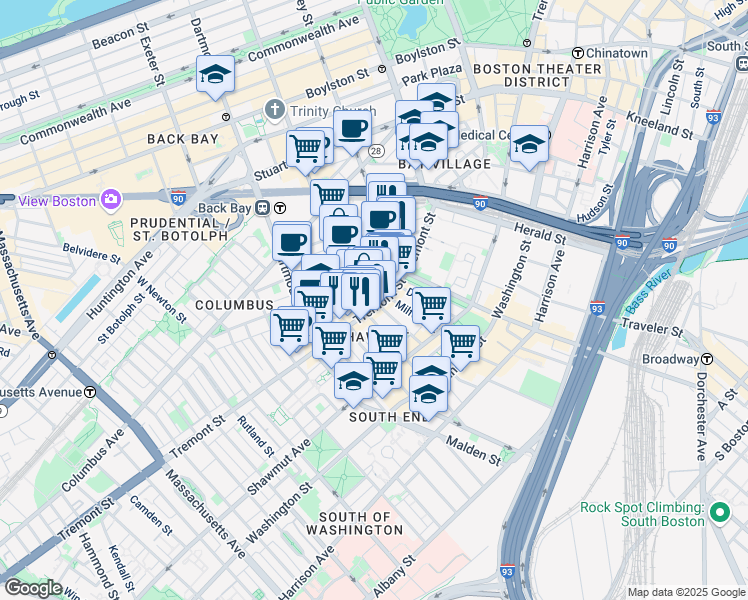 map of restaurants, bars, coffee shops, grocery stores, and more near 539 Tremont Street in Boston