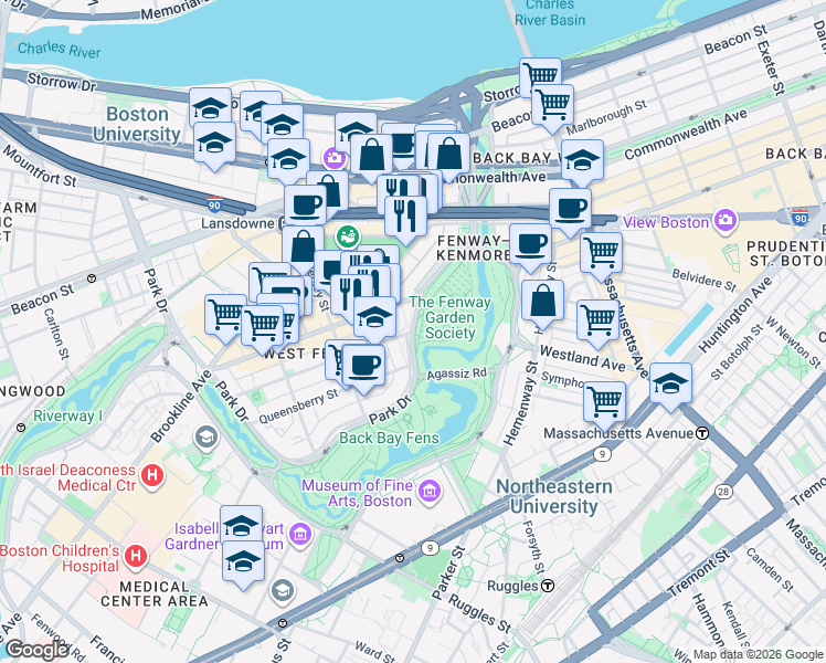 map of restaurants, bars, coffee shops, grocery stores, and more near Path Q in Boston