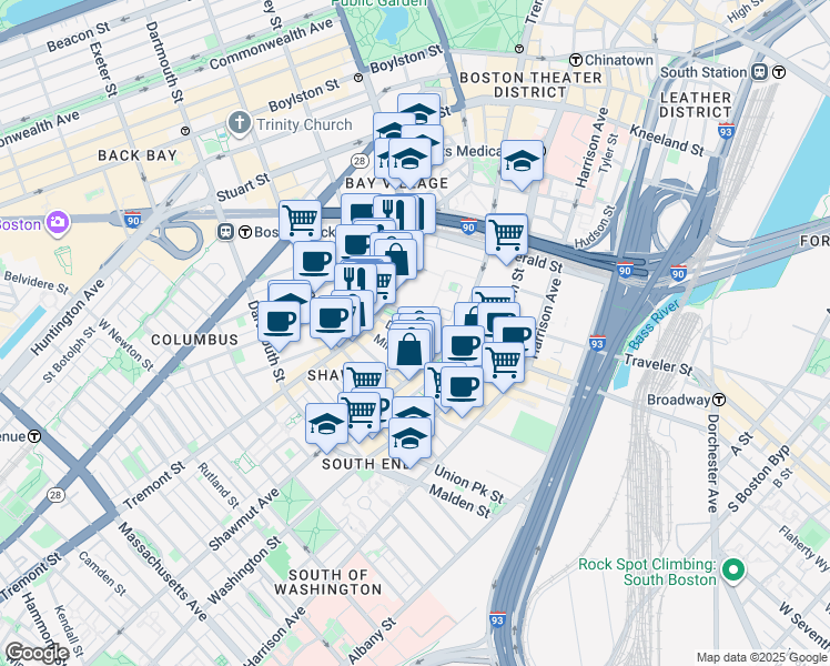 map of restaurants, bars, coffee shops, grocery stores, and more near 58 East Berkeley Street in Boston