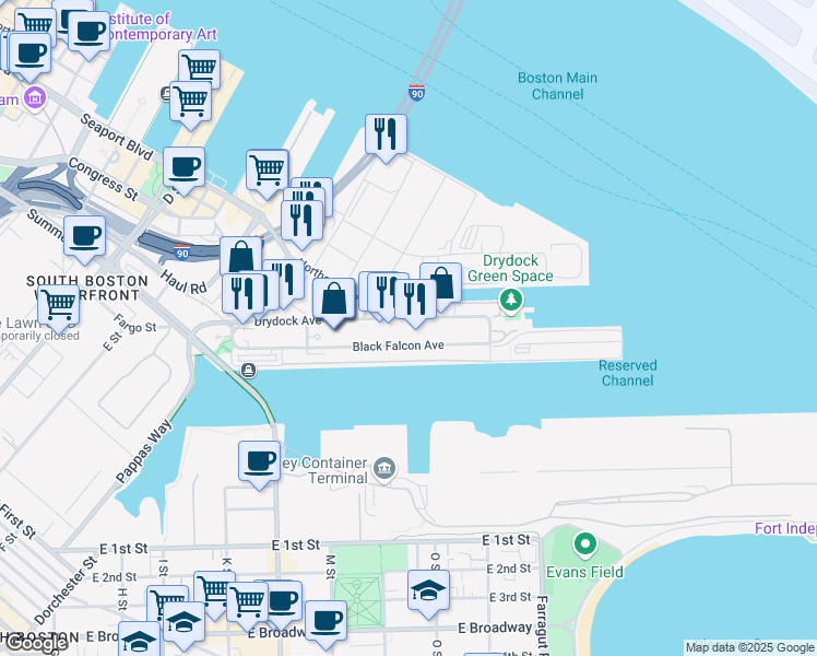 map of restaurants, bars, coffee shops, grocery stores, and more near 21 Drydock Avenue in Boston