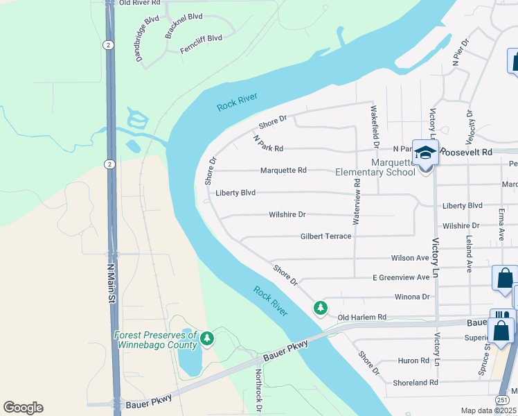 map of restaurants, bars, coffee shops, grocery stores, and more near 22 Wilshire Boulevard in Machesney Park
