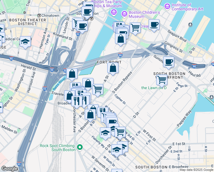 map of restaurants, bars, coffee shops, grocery stores, and more near 1 Iron Street in Boston