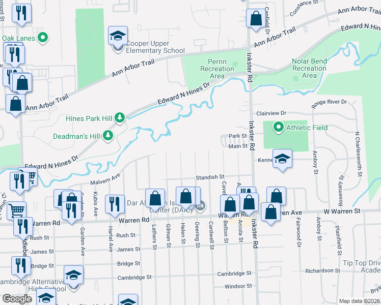 map of restaurants, bars, coffee shops, grocery stores, and more near 7715 Deering Street in Westland