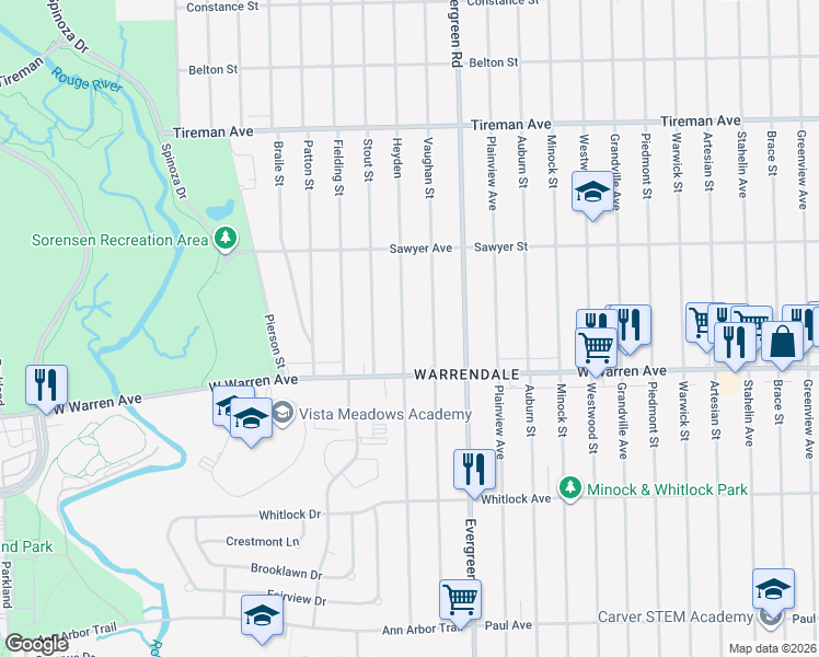 map of restaurants, bars, coffee shops, grocery stores, and more near 7290 Heyden in Detroit