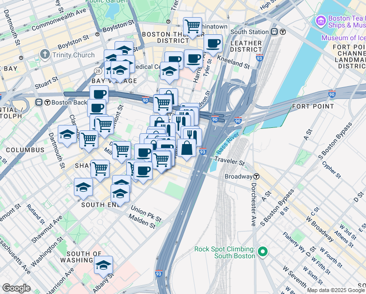 map of restaurants, bars, coffee shops, grocery stores, and more near 341 Harrison Avenue in Boston