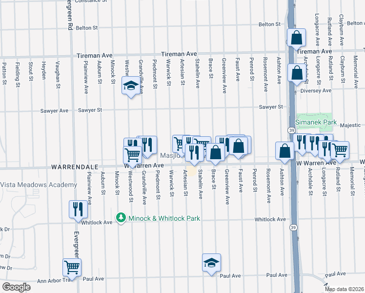 map of restaurants, bars, coffee shops, grocery stores, and more near 7279 Artesian Street in Detroit