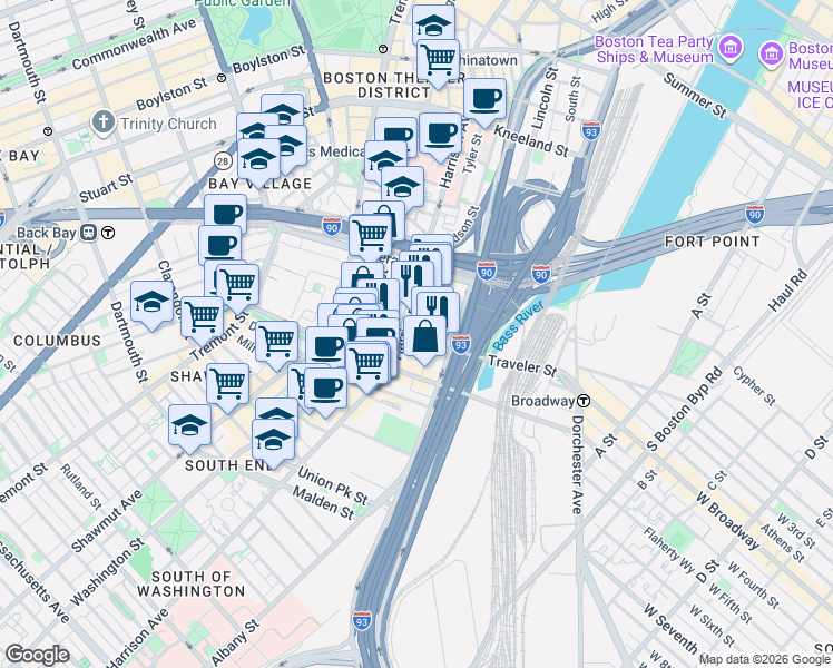 map of restaurants, bars, coffee shops, grocery stores, and more near 341 Harrison Avenue in Boston