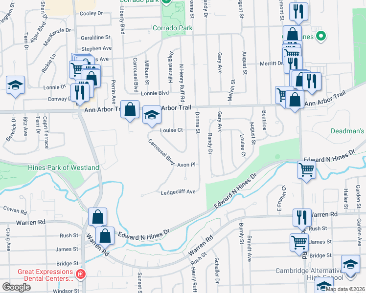 map of restaurants, bars, coffee shops, grocery stores, and more near 7768 North Henry Ruff Road in Westland