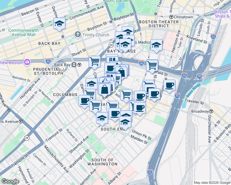map of restaurants, bars, coffee shops, grocery stores, and more near in Boston