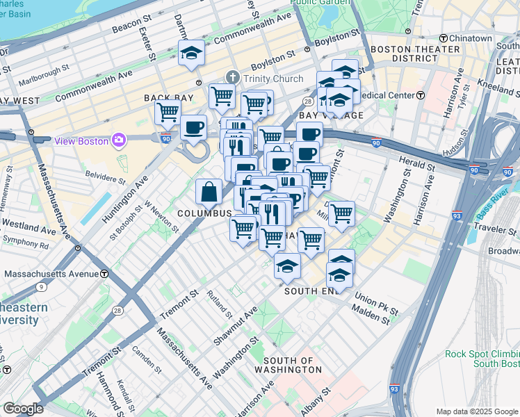 map of restaurants, bars, coffee shops, grocery stores, and more near Warren Avenue in Boston