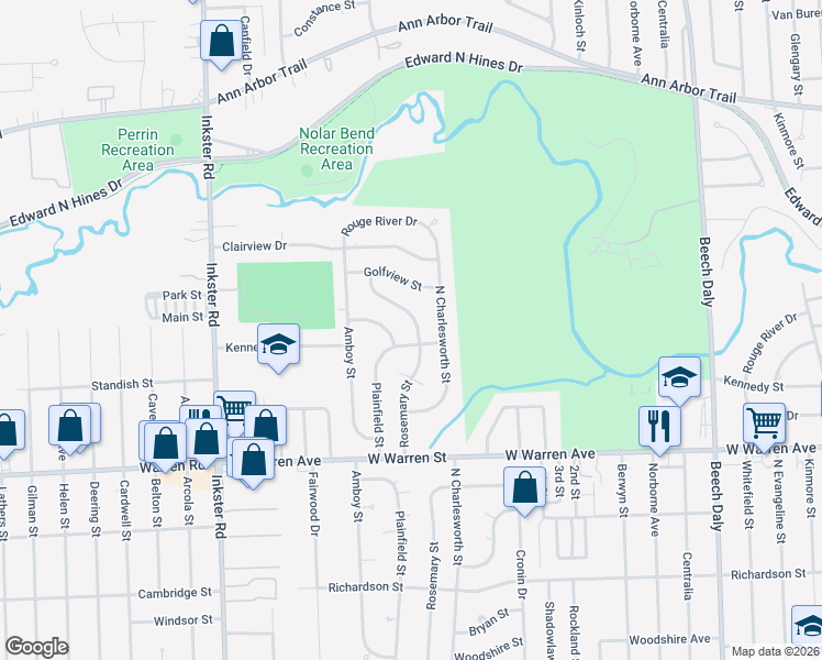map of restaurants, bars, coffee shops, grocery stores, and more near 7655 North Charlesworth Street in Dearborn Heights