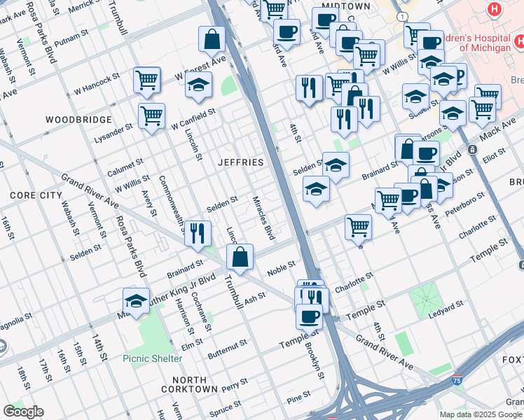 map of restaurants, bars, coffee shops, grocery stores, and more near 1200 Marvin Gaye Drive in Detroit