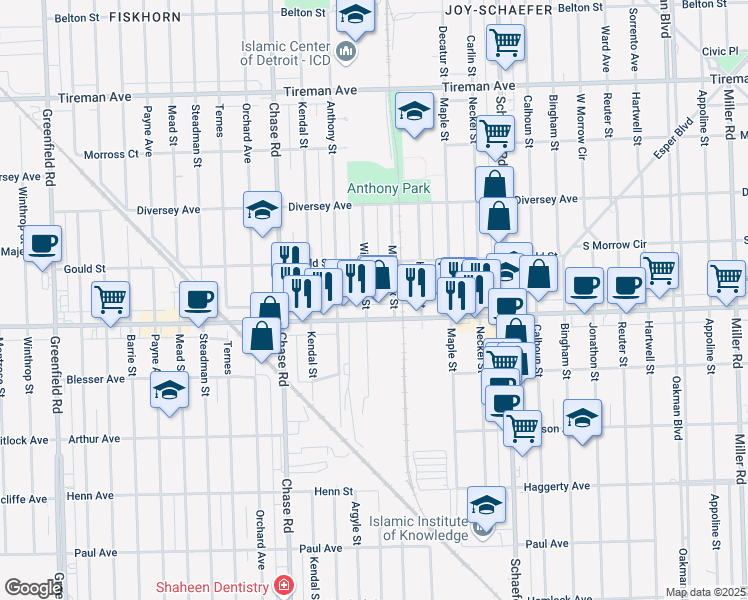 map of restaurants, bars, coffee shops, grocery stores, and more near 7320 Williamson Street in Dearborn