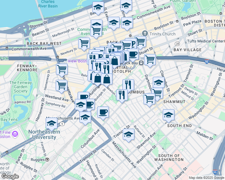 map of restaurants, bars, coffee shops, grocery stores, and more near 235 West Newton Street in Boston