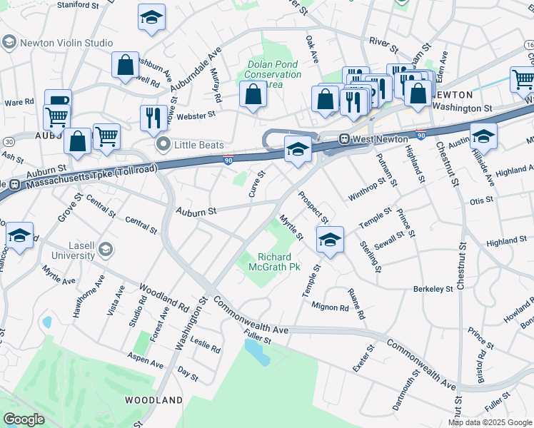 map of restaurants, bars, coffee shops, grocery stores, and more near 1545 Washington Street in Newton