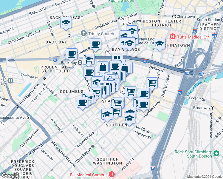 map of restaurants, bars, coffee shops, grocery stores, and more near 541 Tremont Street in Boston