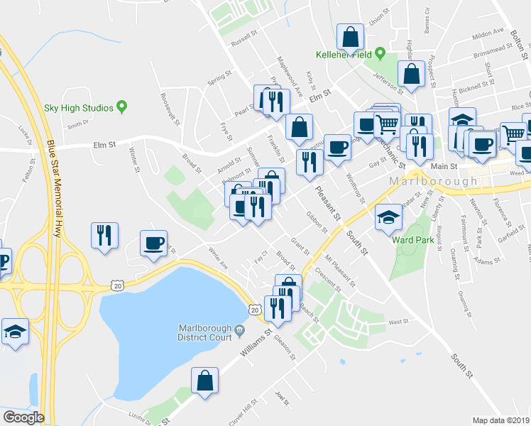 map of restaurants, bars, coffee shops, grocery stores, and more near 0 Cross Street in Marlborough