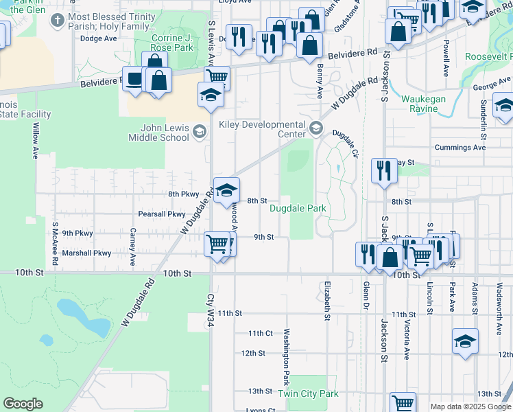 map of restaurants, bars, coffee shops, grocery stores, and more near 1714 8th Street in Waukegan