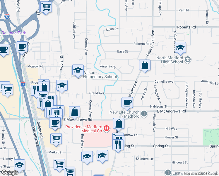 map of restaurants, bars, coffee shops, grocery stores, and more near 1632 Johnson Street in Medford