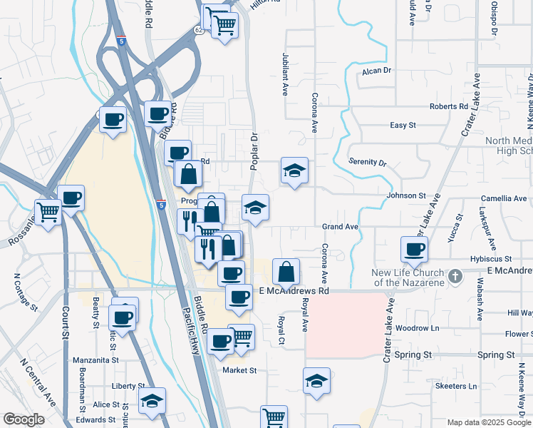 map of restaurants, bars, coffee shops, grocery stores, and more near 1401 Grand Avenue in Medford