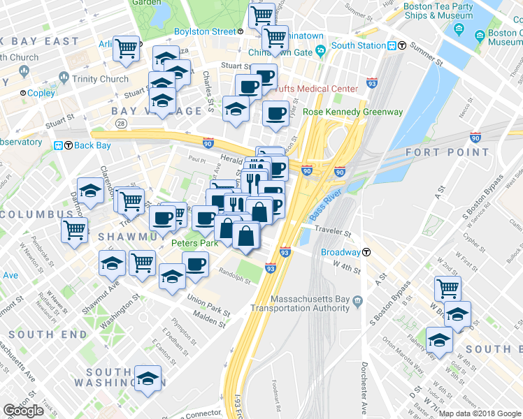map of restaurants, bars, coffee shops, grocery stores, and more near 341 Harrison Avenue in Boston