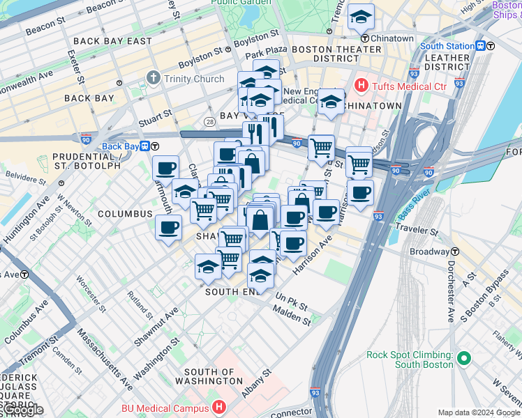map of restaurants, bars, coffee shops, grocery stores, and more near 58 East Berkeley Street in Boston