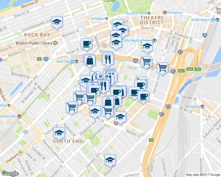map of restaurants, bars, coffee shops, grocery stores, and more near 514 Tremont Street in Boston