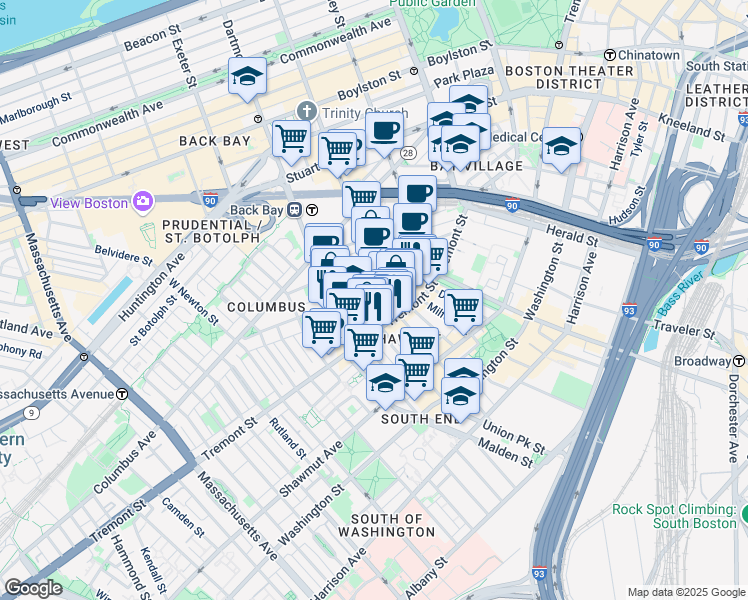 map of restaurants, bars, coffee shops, grocery stores, and more near 77 Warren Avenue in Boston