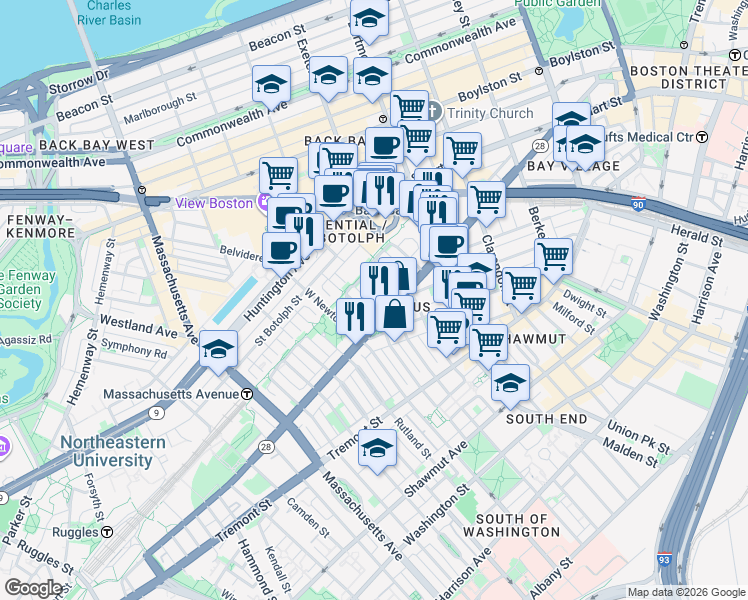 map of restaurants, bars, coffee shops, grocery stores, and more near in Boston