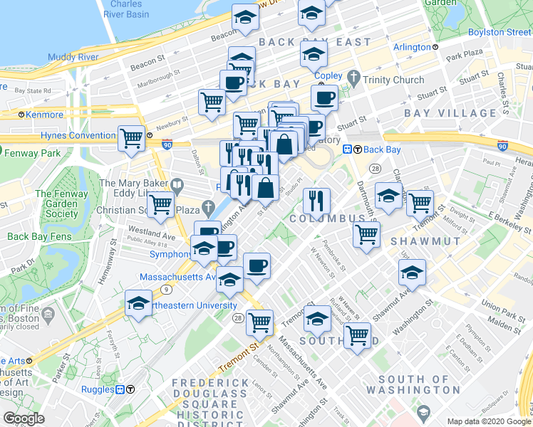 map of restaurants, bars, coffee shops, grocery stores, and more near 94 Saint Botolph Street in Boston