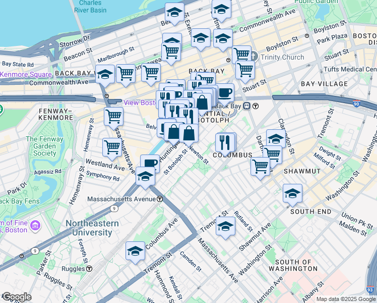 map of restaurants, bars, coffee shops, grocery stores, and more near 94 Saint Botolph Street in Boston