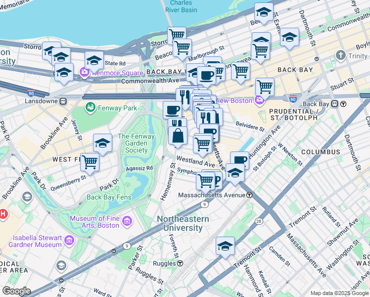 map of restaurants, bars, coffee shops, grocery stores, and more near 56-60 Hemenway Street in Boston