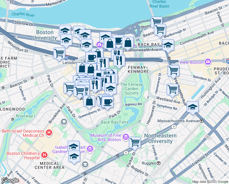 map of restaurants, bars, coffee shops, grocery stores, and more near in Boston