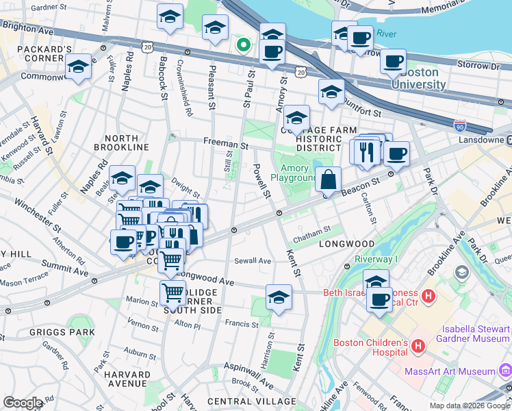 map of restaurants, bars, coffee shops, grocery stores, and more near 21 Powell Street in Brookline