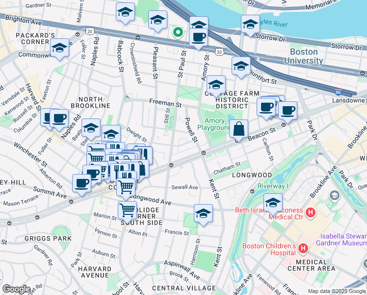 map of restaurants, bars, coffee shops, grocery stores, and more near 217 Saint Paul Street in Brookline